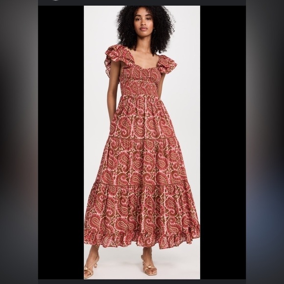 Cleobella Dresses & Skirts - Cleobella Red Paisley Midi Dress with Puff Sleeves